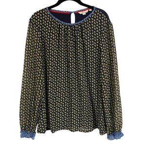Boden Mixed Media Blue Floral Long‎ Sleeve Blouse Size 14